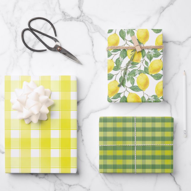 Papel de regalo conjunto de limón amarillo verde d (Anverso)