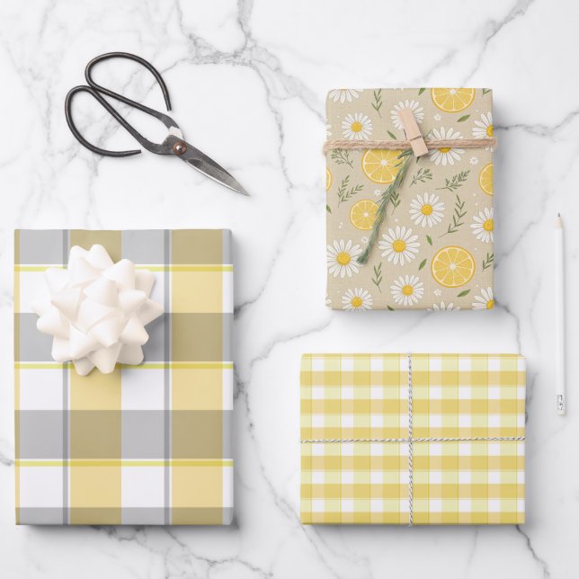 Papel de regalo conjunto de tartán margarita limón (Anverso)