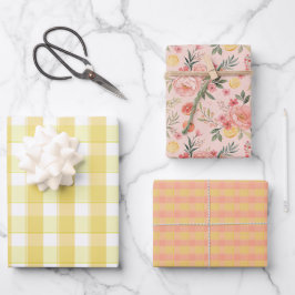 Papel de regalo conjunto rosa tartán amarillo limó