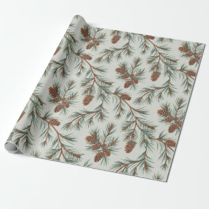 Papel De Regalo Conos de pino y ramas de Navidad modernos   