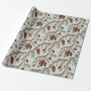 Papel De Regalo Conos de pino y ramas de Navidad modernos   