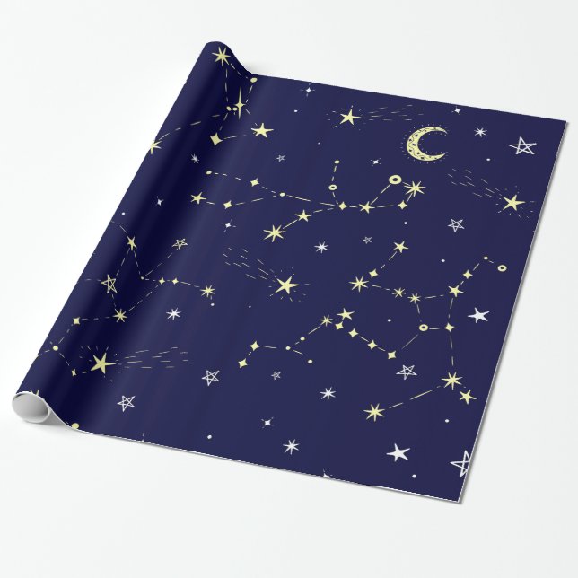 Papel De Regalo constelación celestial de estrellas de luna azul (Desenrollado)