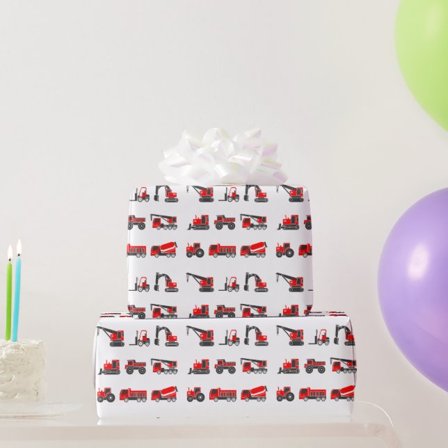Papel De Regalo Construcción, Camiones negros y rojos, grañones, t (Regalos de fiesta)