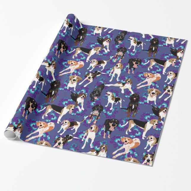 Papel De Regalo Coonhound floral (azul) (Desenrollado)