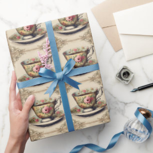 Papel De Regalo Copa de Té Floral del País Francés Vintage