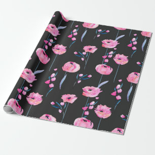 Papel De Regalo Copas de color de agua rosadas y ramas florales de