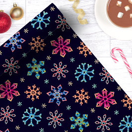 Papel De Regalo Copo de Nieve Arcoíris Azul Marino Navidad
