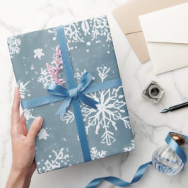 Papel De Regalo Copo de Nieve Azul Aquarela Fiesta de Invierno