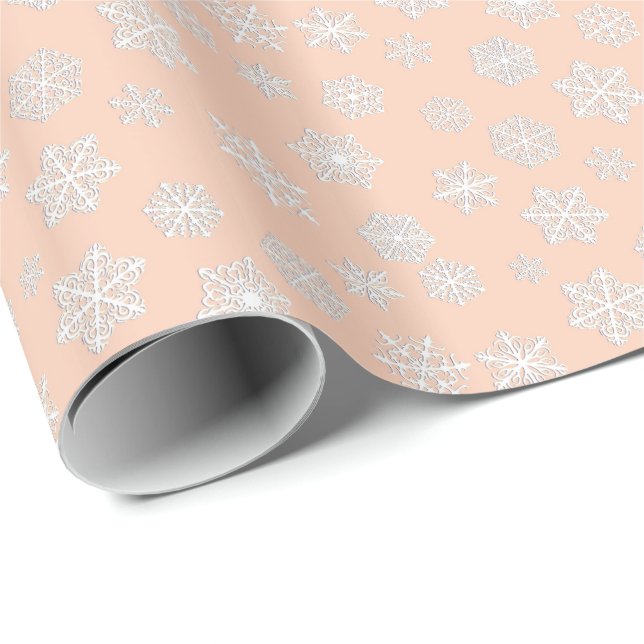 Papel De Regalo Copo de nieve blanco 3D sobre fondo melocotón (Esquina del rollo)