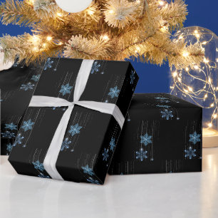 Papel De Regalo Copo de Nieve de Diamante Azul sobre Negro
