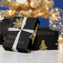 Papel De Regalo Copo de nieve del árbol de Navidad dorado en negro