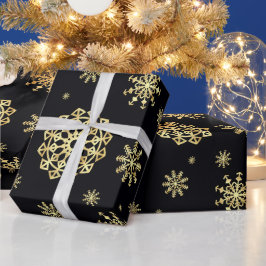 Papel De Regalo Copo de Nieve Dorado sobre Fondo Negro