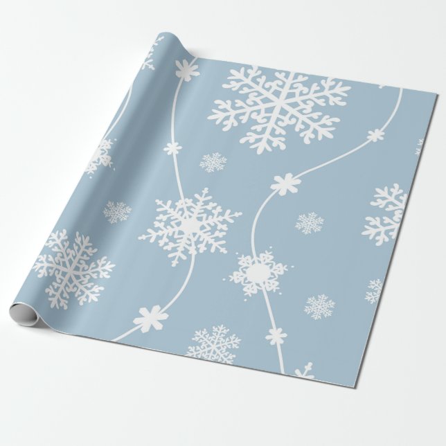 Papel De Regalo Copo de Nieve Gris Azul Invierno Paisaje Navideño  (Desenrollado)