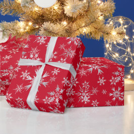 Papel De Regalo Copo de Nieve Navideño Rojo Plateado 