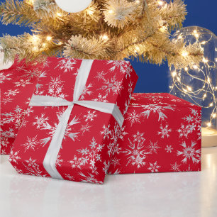 Papel De Regalo Copo de Nieve Navideño Rojo Plateado