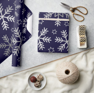 Papel De Regalo Copo de Nieve Plateado y Estrellas sobre Azul Mari