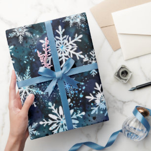 Papel De Regalo Copo de Nieve Profundo Azul Mágico de Invierno Noc