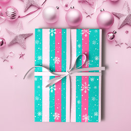 Papel De Regalo Copo de nieve rayado vertical rosa y de menta