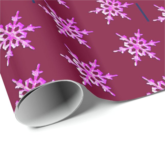 Papel De Regalo Copo de nieve rosa iridiscente con burdeos (Esquina del rollo)