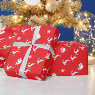 Papel De Regalo Copo de nieve y Santa con trineo en Navidad roja