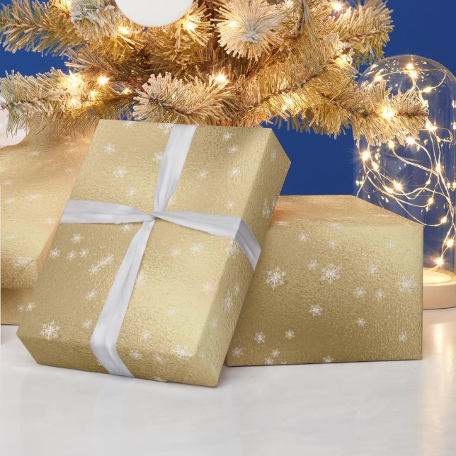 Papel De Regalo Copos blancos de nieve dorados (Vacaciones)