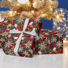 Papel De Regalo Copos de Navidad Acebo Sobre Patrón de Tartán Rojo