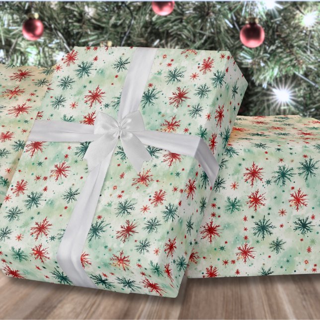 Papel De Regalo Copos de Navidad en Acuarela (Festive Holiday Red And Green Snowflake Christmas Wrapping Paper)