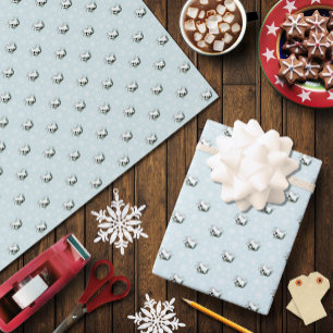 Papel De Regalo Copos de Navidad en Azul y Armiño Blanco
