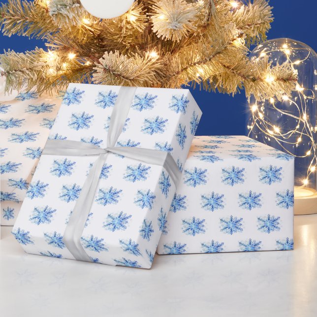 Papel De Regalo Copos de nieve azul acuarela (Vacaciones)