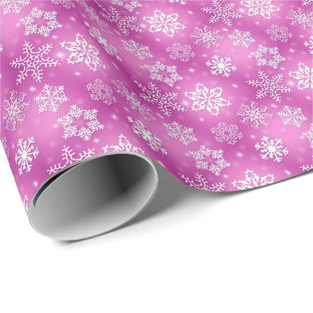 Papel De Regalo copos de nieve blancos en rosa (Esquina del rollo)