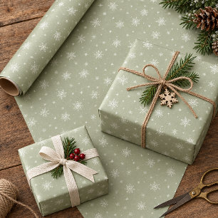 Papel De Regalo Copos de nieve blancos marfil en Verde Salvia Clar