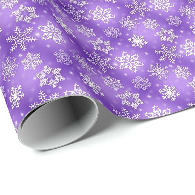 Papel De Regalo copos de nieve blancos sobre morado (Esquina del rollo)