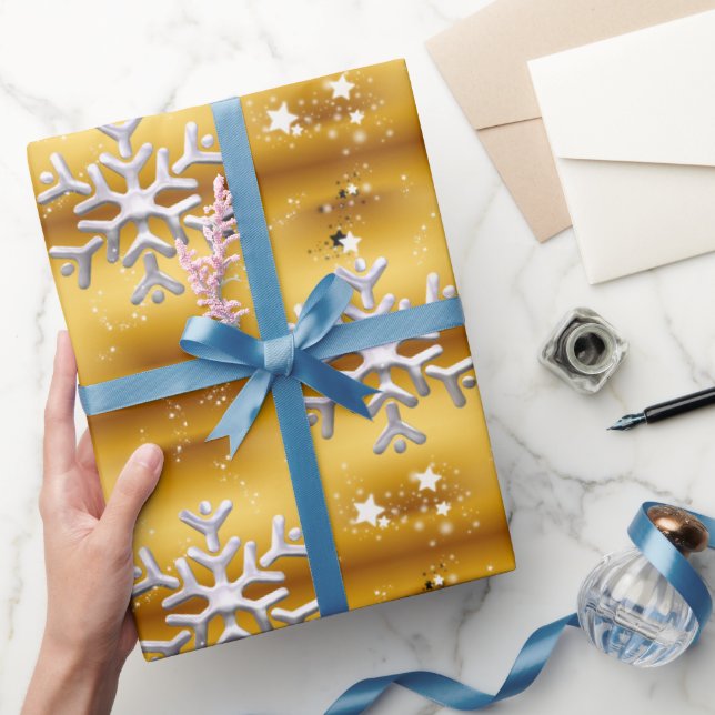 Papel De Regalo Copos de nieve blancos sobre Navidades de oro (Regalar)
