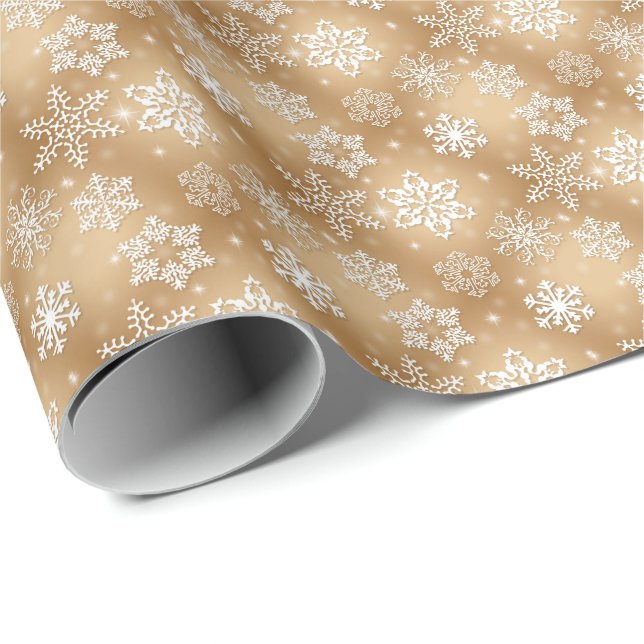 Papel De Regalo copos de nieve blancos sobre oro (Esquina del rollo)