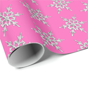 Papel De Regalo Copos de nieve, cristales de plata en rosa fucsia