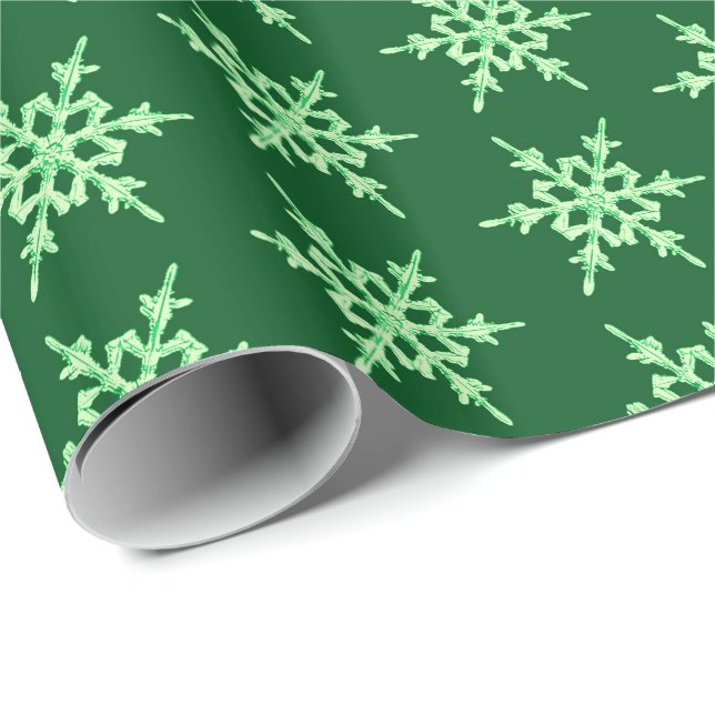 Papel De Regalo Copos de nieve, cristales verdes pálidos en verde  (Esquina del rollo)