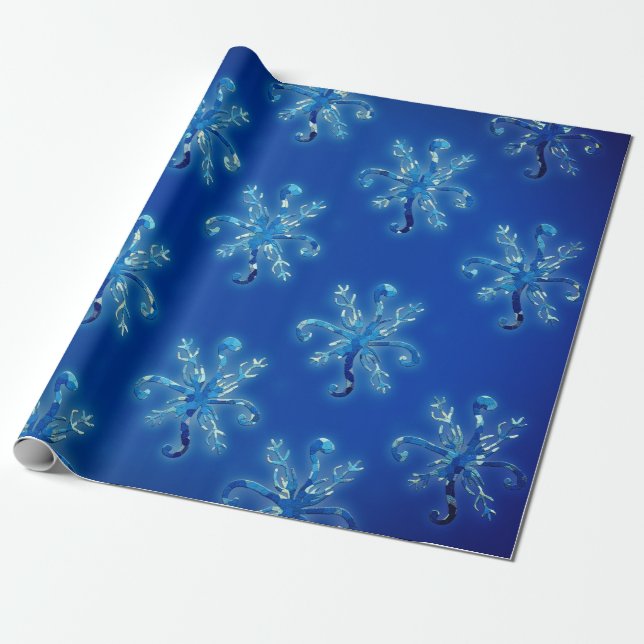 Papel De Regalo Copos de nieve de color azul (Desenrollado)