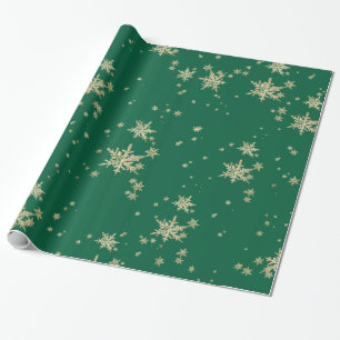 Papel De Regalo Copos de nieve de oro en verde forestal