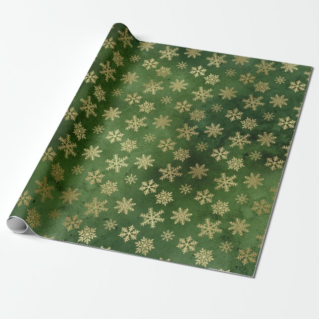 Papel De Regalo Copos de nieve de oro metálico en verde (Desenrollado)