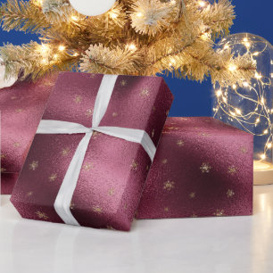 Papel De Regalo Copos de nieve del Purpurina de oro rojo de Borgoñ