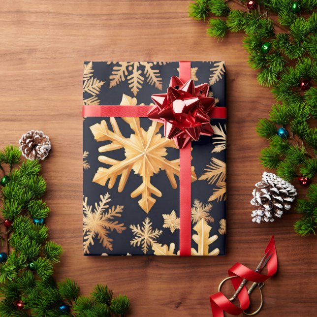 Papel De Regalo Copos de nieve dorados (Regalo de vacaciones)