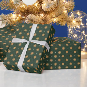 Papel De Regalo Copos de nieve dorados verde oscuro Navidades eleg