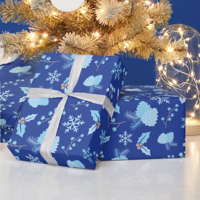 Papel De Regalo Copos de nieve escarcha Pinecones Mistletoe Azul o (Vacaciones)