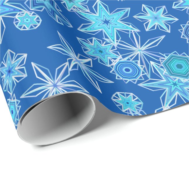 Papel De Regalo Copos de nieve geométricos modernos, azul zafiro (Esquina del rollo)