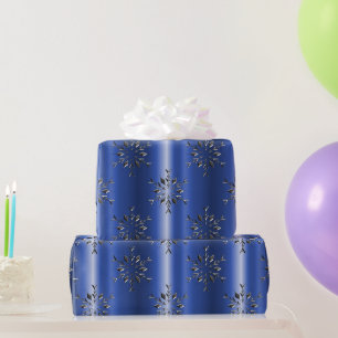 Papel De Regalo Copos de Nieve Metálicos en Navidad Azul