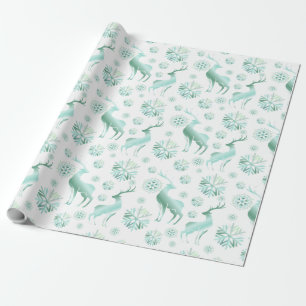 Papel De Regalo Copos de nieve metálicos verde azulados y renos