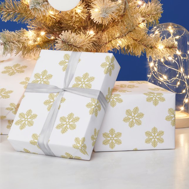 Papel De Regalo Copos de nieve modernos | Oro y blanco (Vacaciones)