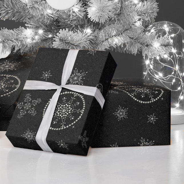 Papel De Regalo Copos de nieve paralizan Moda de Navidades negros  (christmas decor snow snowflake glitter sparkle rhinestones glam wrapping paper)
