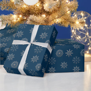 Papel de regalo Copos de Nieve Plateados Azul Oscu