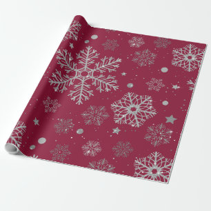 Papel De Regalo Copos de nieve plateados en rojo oscuro